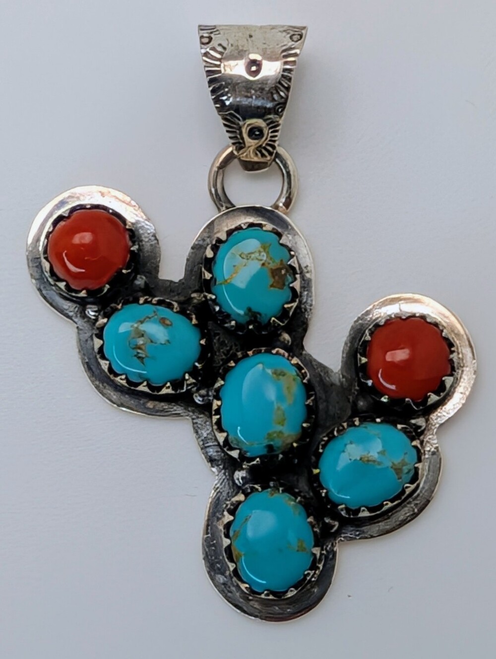 Kingman Turquoise & Coral Cactus Pendant S925 Sterling Silver